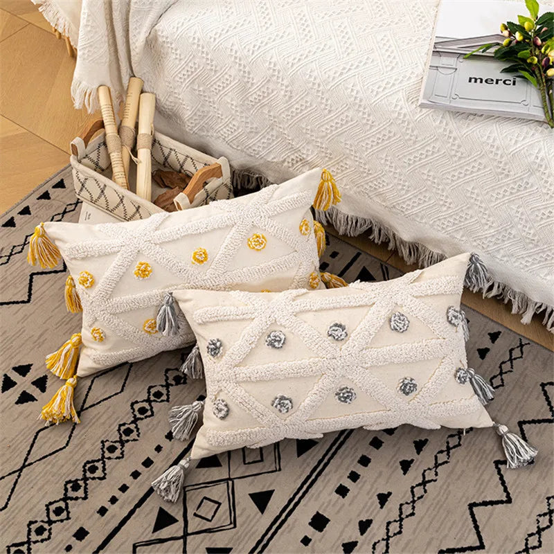 Yellow Grey Embroidery Cushion Cover with Tassels for Stylish Home Decor by Afralia™