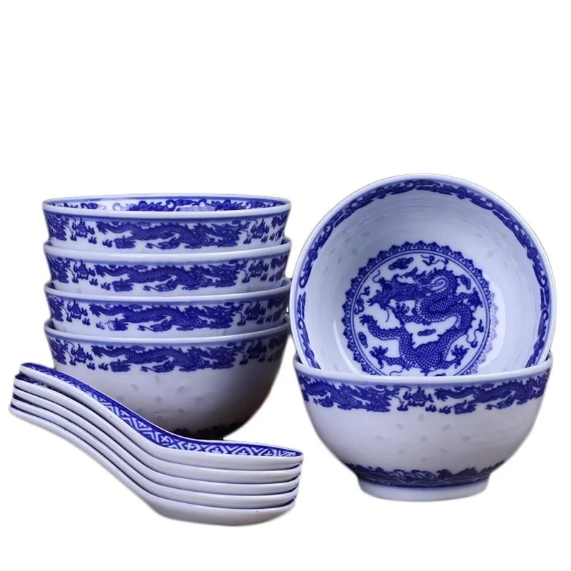 Afralia™ Blue And White Porcelain Dragon Rice Bowls Set