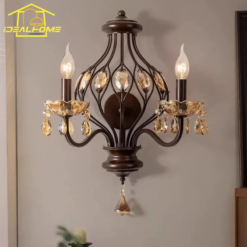 Afralia™ Crystal Candle Wall Lamp LED E14 Iron Art Living Room Bedroom Bar