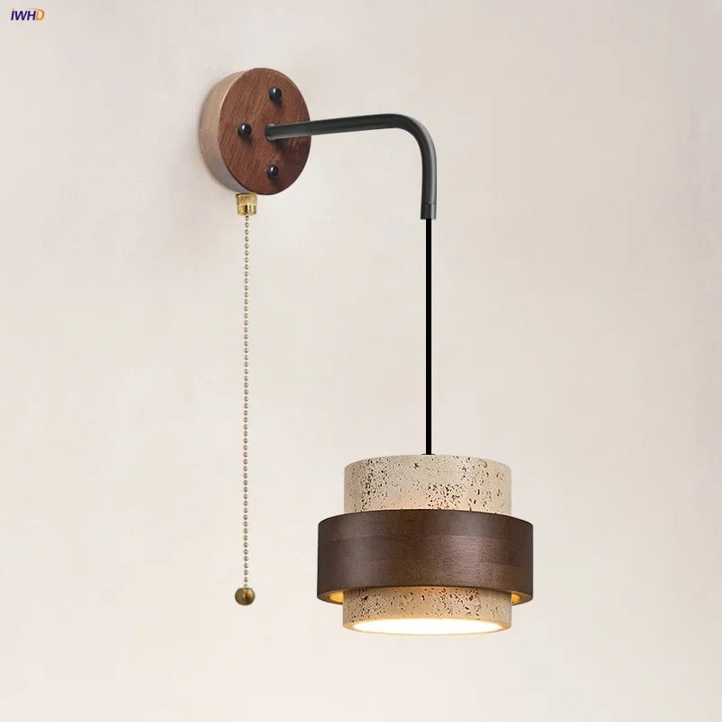 Afralia™ Yellow Travertine LED Wall Lamp Pull Chain Switch Stone Wood Modern Light