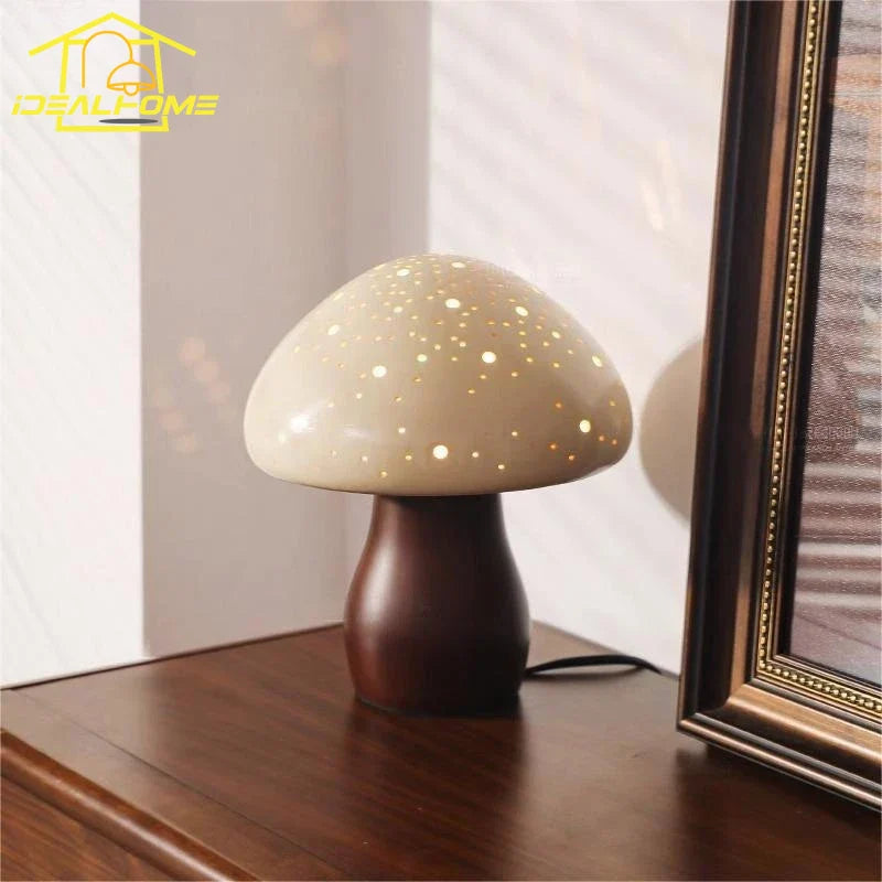 Afralia™ Ceramic Mushroom Table Lamp LED Wood Art Decor Desk Light
