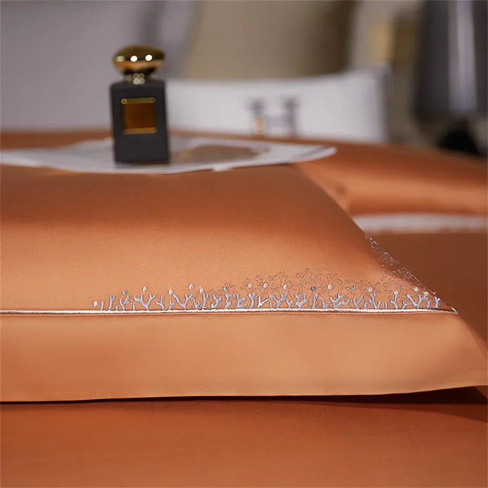 Afralia™ Jacquard Embroidery Egyptian Cotton Satin Bedding Set with Elastic Sheet