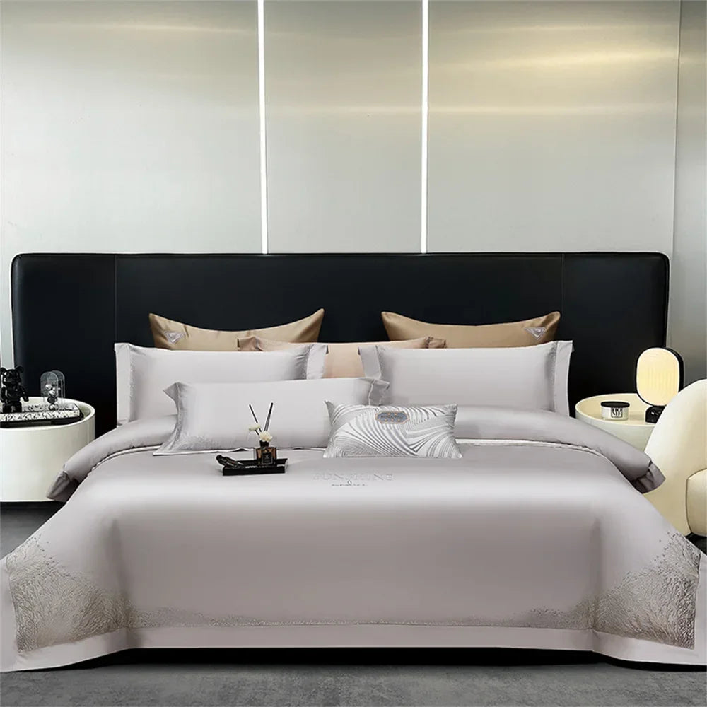 Afralia™ Jacquard Embroidery Egyptian Cotton Satin Bedding Set with Elastic Sheet