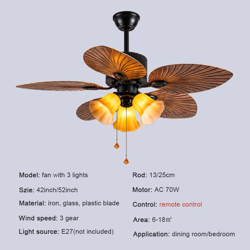 Afralia™ Retro Palm Leaf Ceiling Fan with Strong Power and Pendant Light