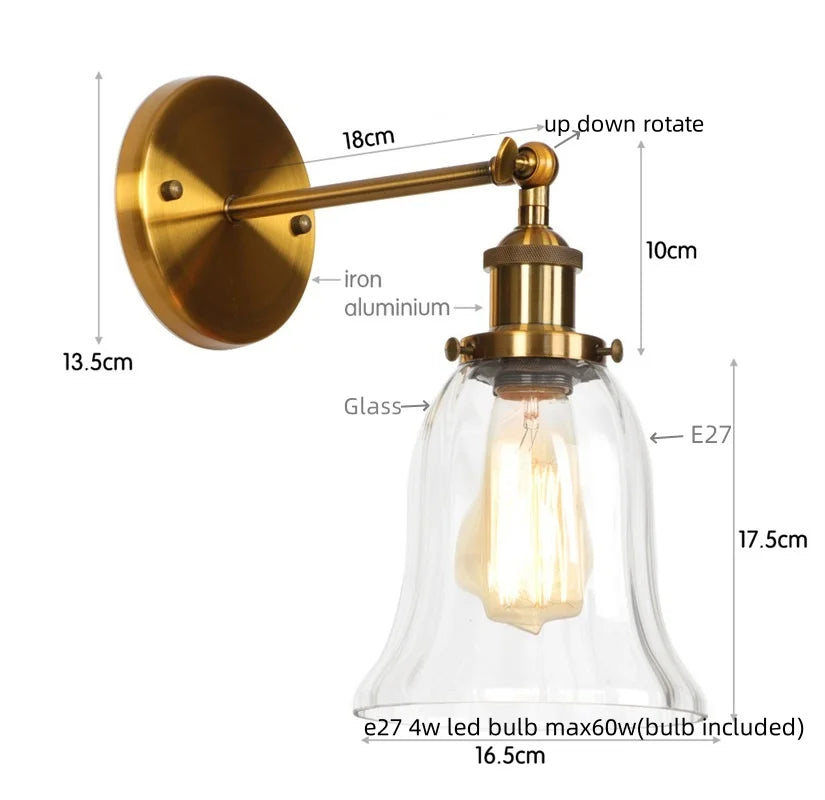 Afralia™ Industrial Vintage LED Wall Sconce Stair Loft Bedside Lamp Glass Mirror Light