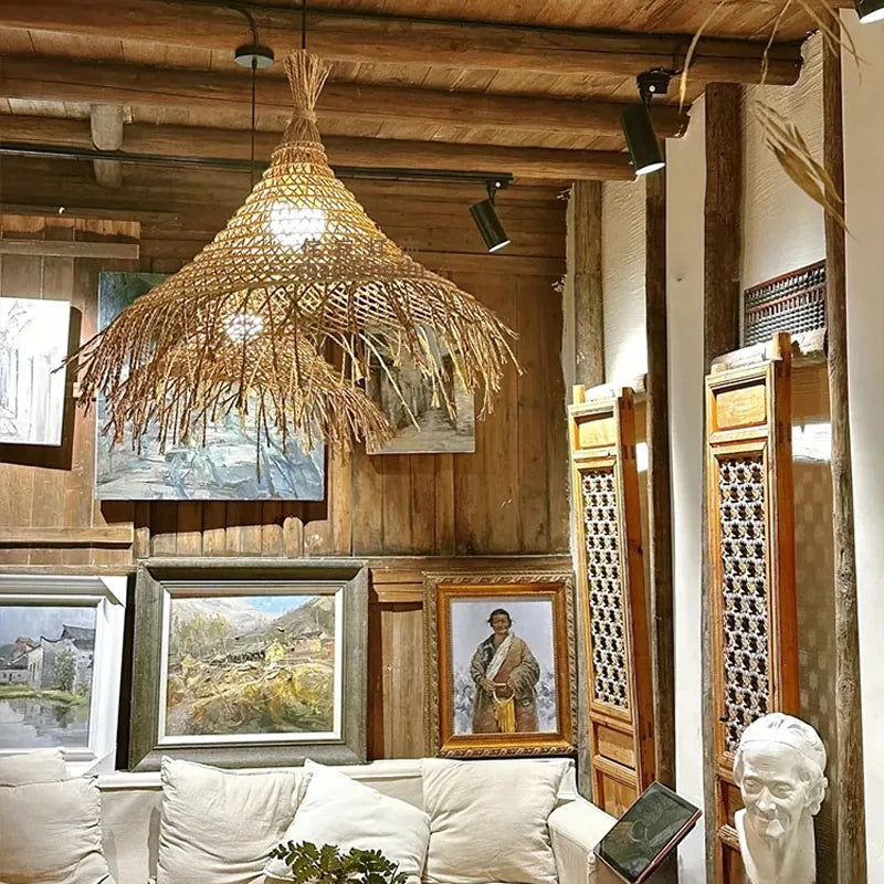 Afralia™ Wabi Sabi Rattan Straw Hat Chandelier Pendant Light