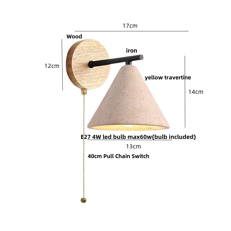 Afralia™ LED Yellow Travertine Wall Light with Wood Pull Chain Switch and Iron Frame