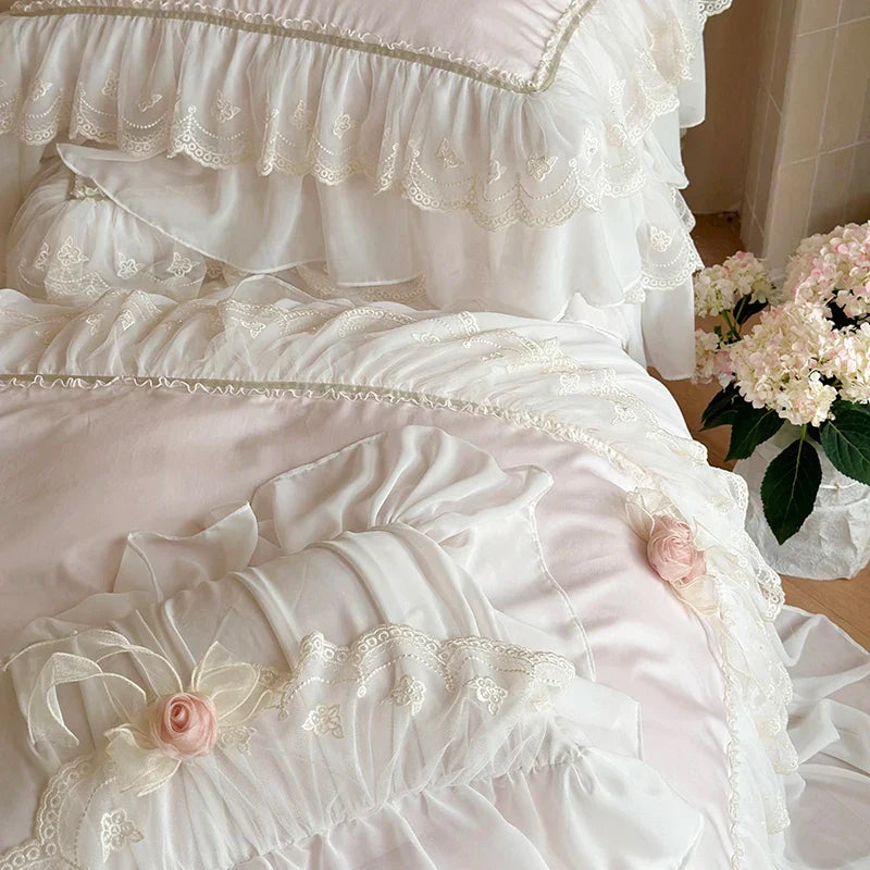 Afralia™ Luxe Pink Lace Ruffles Wedding Bedding Set 4Pcs