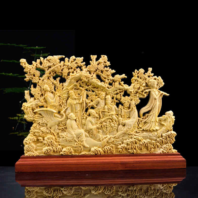 Afralia™ Eight Immortals Sculpture Decor, Lucky God of Wealth, Thuja Wood Carving Brand