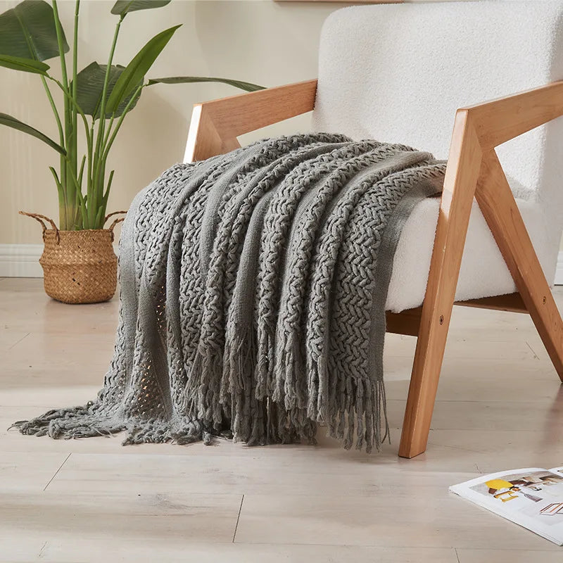 Afralia™ Knitted Tassels Blanket: Cozy Solid Color for Sofa, Bed, or Homestay