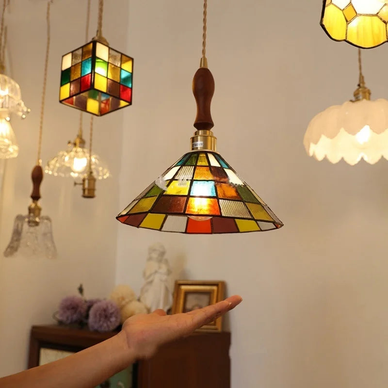Afralia™ Walnut Wood LED Pendant Light Fixture with Colorful Glass Hang Lamp
