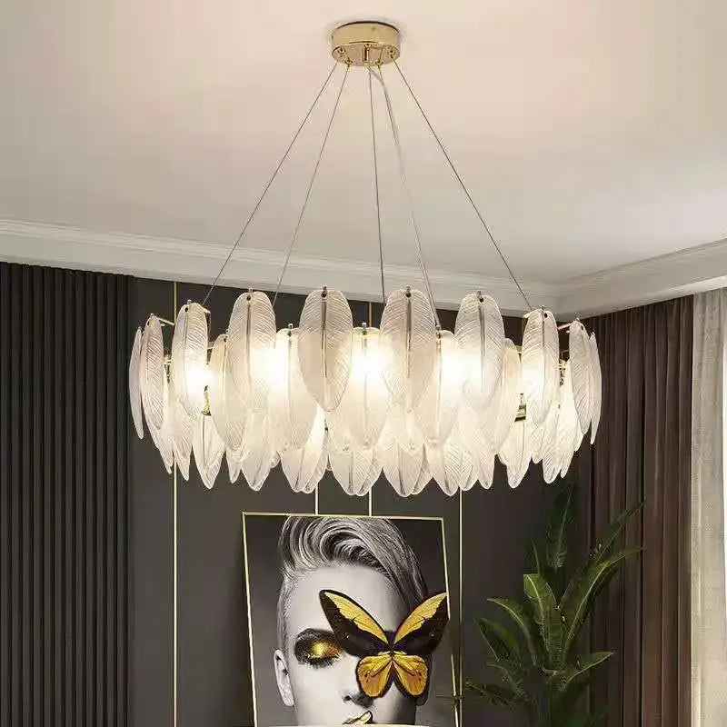 Afralia™ Feather Crystal Pendant Chandelier for Dining Room, Modern Glass Ceiling Light