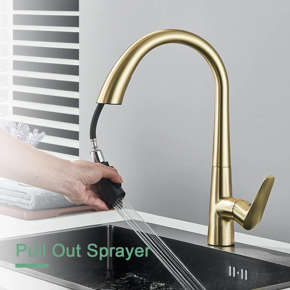 Afralia™ Brushed Gold Gourmet Kitchen Faucet with Flexible Pull Out Mixer Tap