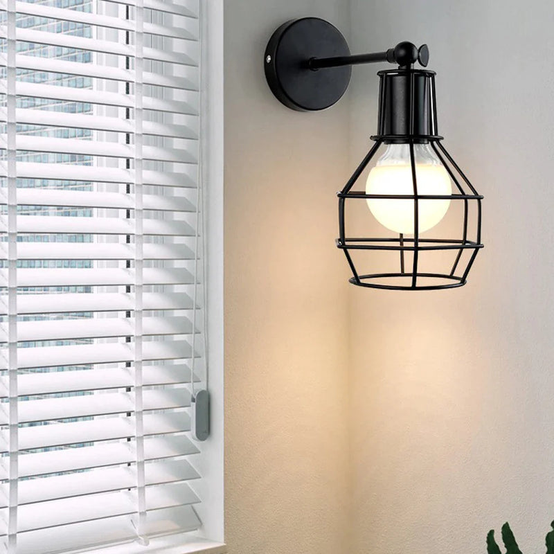 Afralia™ Black Iron Cage Wall Lamp: Retro Indoor Sconce for Bedroom, Bar, and Reading