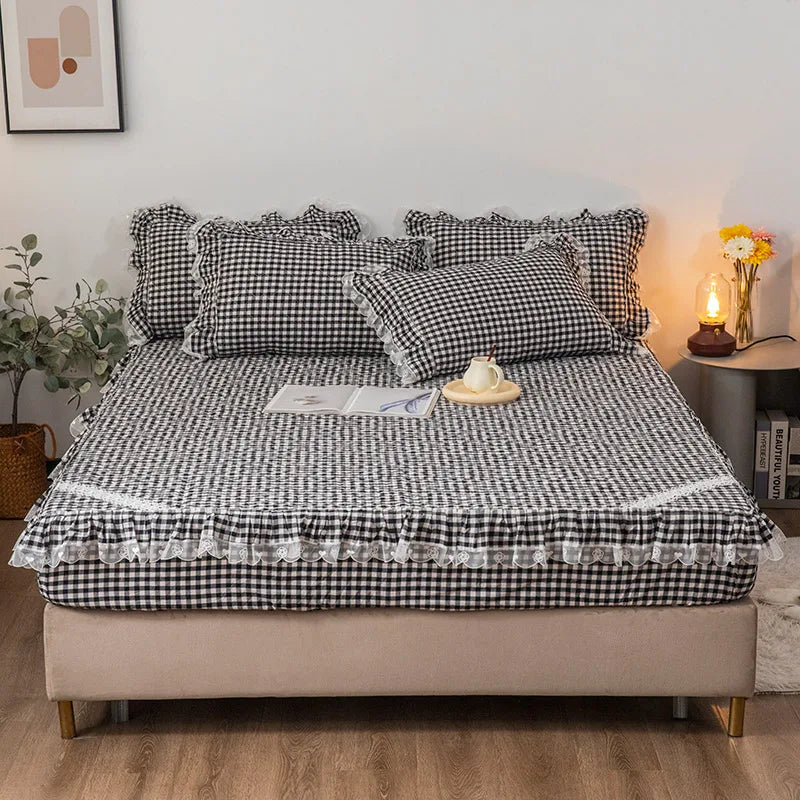Afralia™ Cotton Plaid Stripe Ruffles Bedding Set with Lace Accents