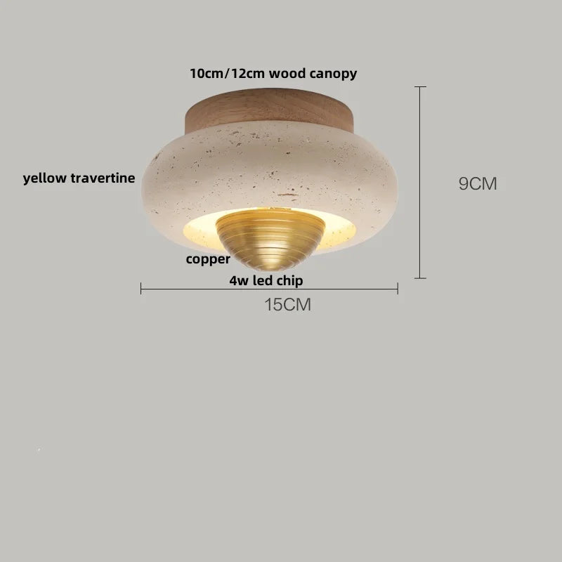 Afralia™ Japan Style LED Ceiling Light Yellow Travertine Stone Wood Base Bedroom Luminaire