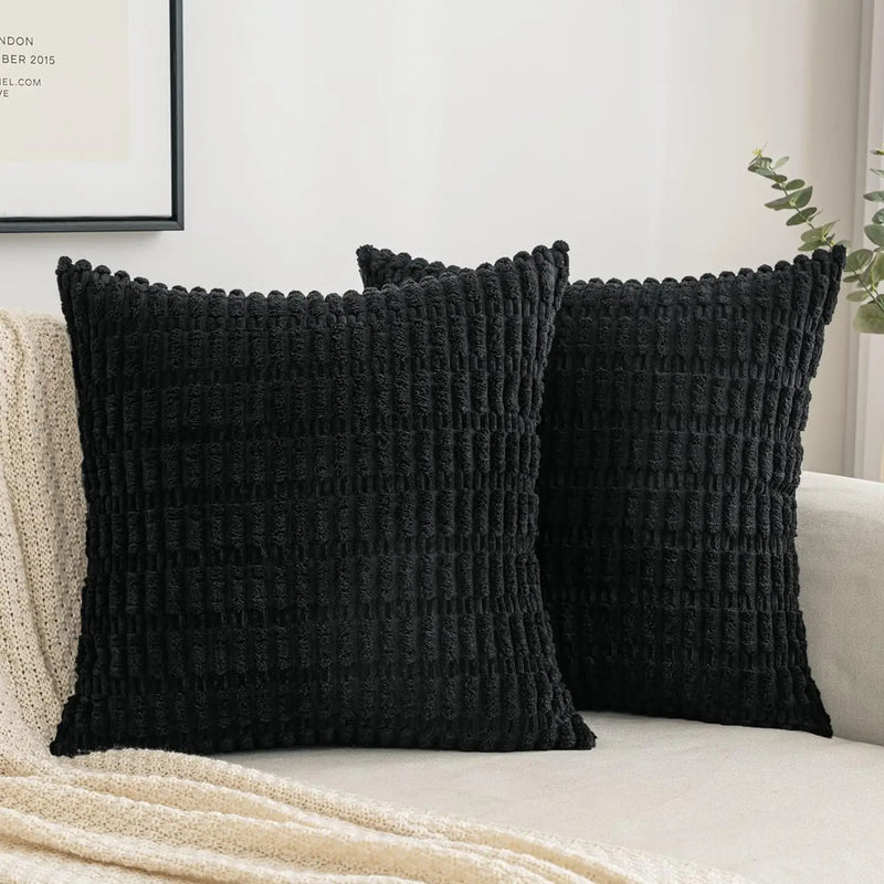 Afralia™ Black Striped Corduroy Throw Pillow Cover 18x18 Inch Square Cushion Case White Pillowcase