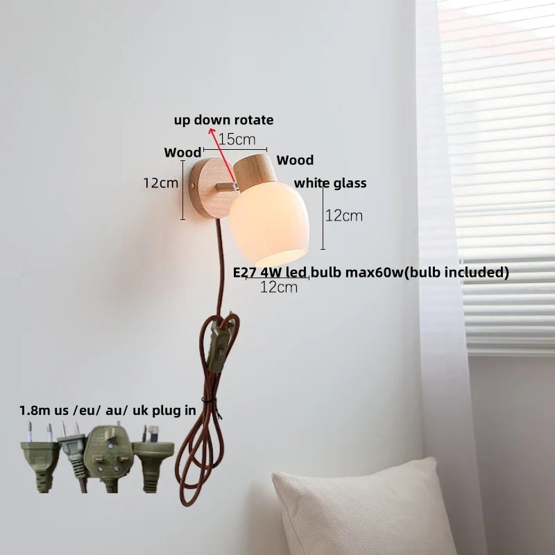 Afralia™ Wood Canopy LED Wall Sconce White Glass Nordic Modern Bedside Lamp