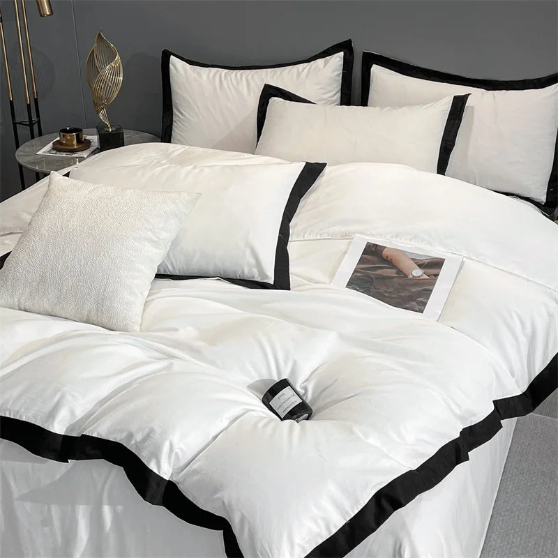 Afralia™ Luxury 60S Egyptian Cotton Hotel Bedding Set with Black Edge, Duvet Cover, Sheet, Pillowcases