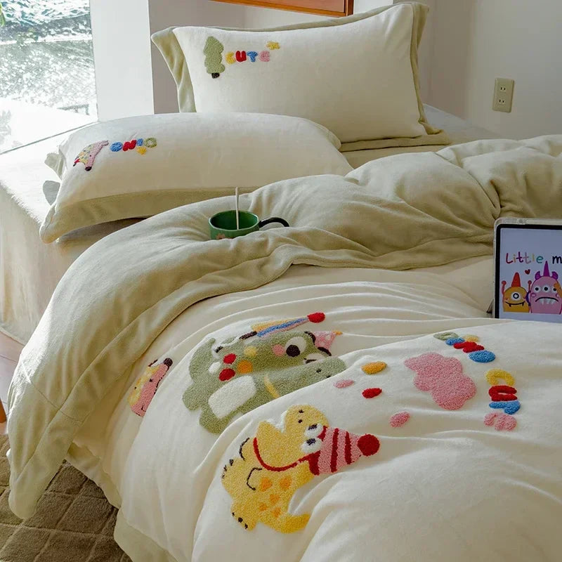 Afralia™ Embroidered Milk Fleece Winter Bedding Set for Warmth & Cozy Comfort