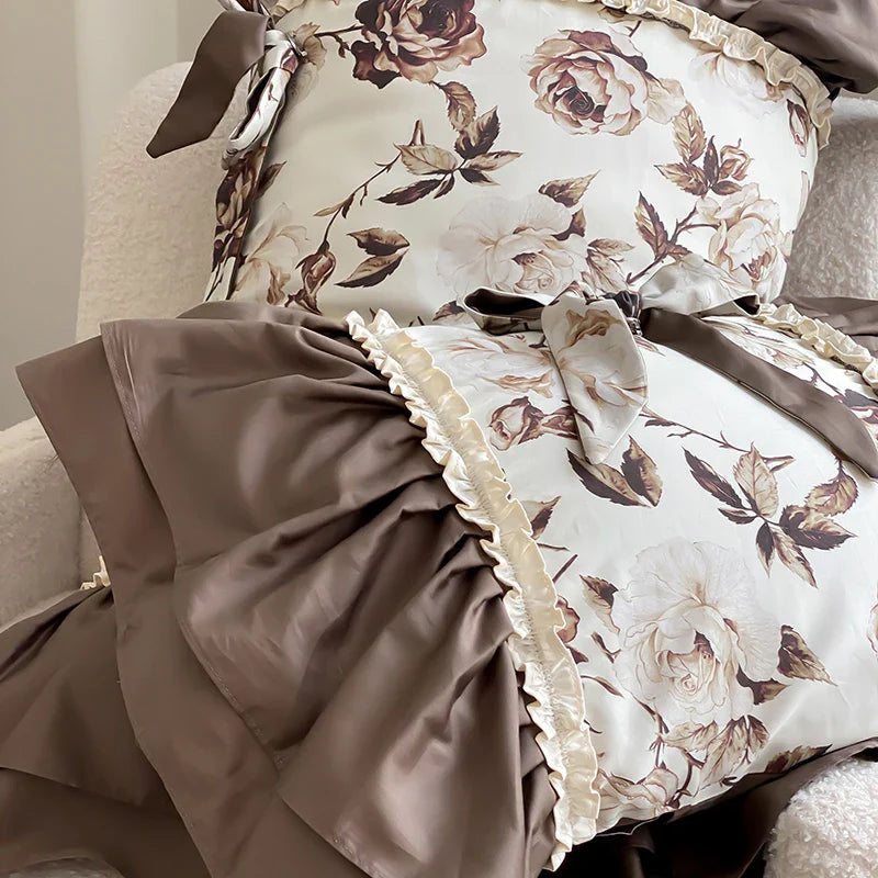 Afralia™ Brown Vintage Flowers Bedding Set - 4 Piece Collection