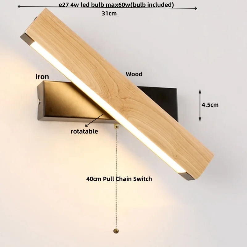 Afralia™ Rotatable Nordic LED Wall Sconce Pull Chain Switch Wood Stair Light