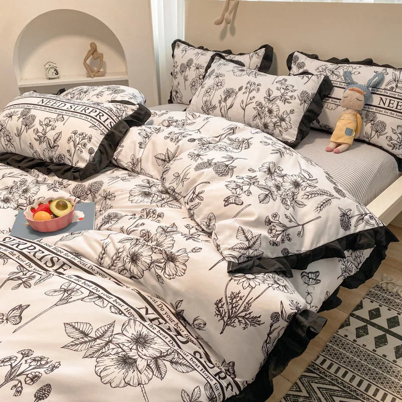 Afralia™ Princess Style Ruffles Duvet Cover Set with Flower Print and Pillow Case