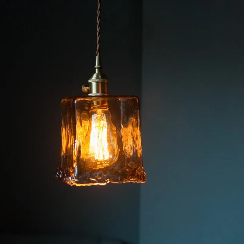 Afralia™ Brass Amber Glass LED Pendant Light for Restaurant Bedside Kitchen Loft Bar