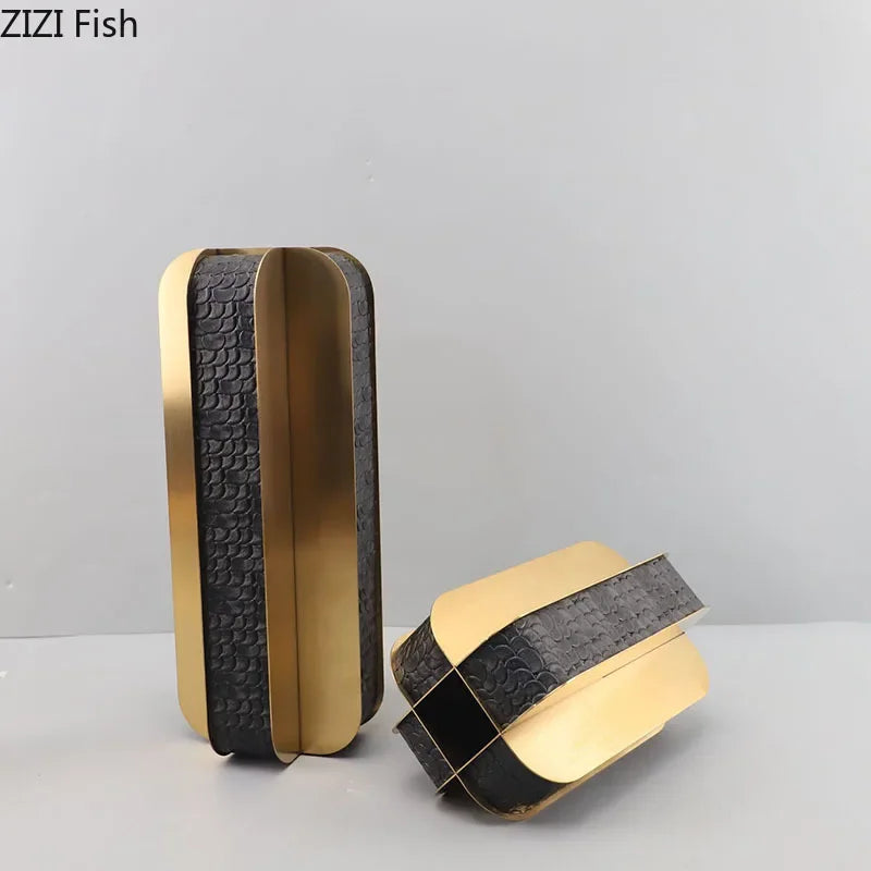 Afralia™ Golden Geometry Vase Artificial Flower Desk Decor - Leather Floral Room Aesthetic