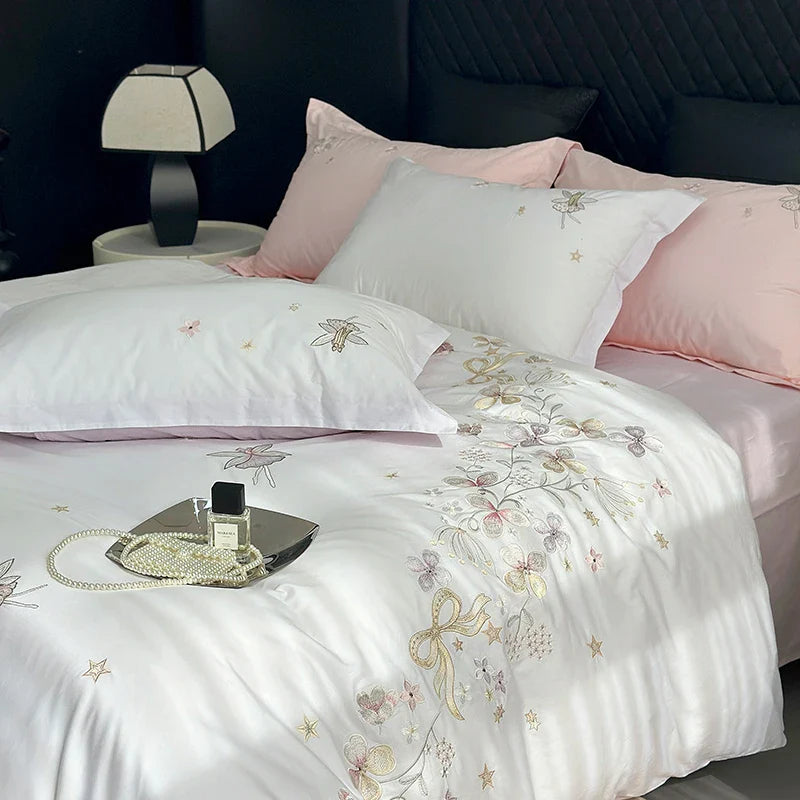 Afralia™ Princess Flower Bow Angel Embroidery Bedding Set
