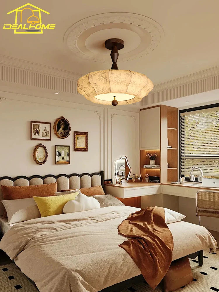 Afralia™ Retro Solid Wood Fabric Hanging Lamp LED E27 Medieval Romantic Bedroom Decor