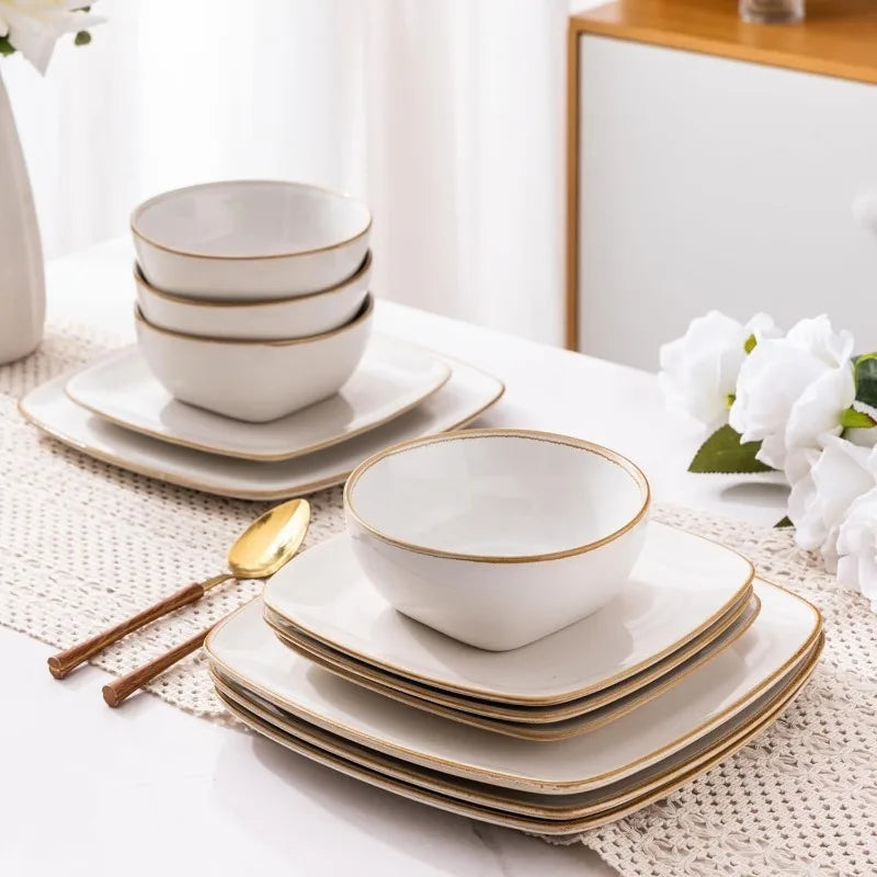 Stylish-Dishes Ceramic Dinnerware Set for 4 - 12 Pieces Square Handpainted Plates and Bowls Set