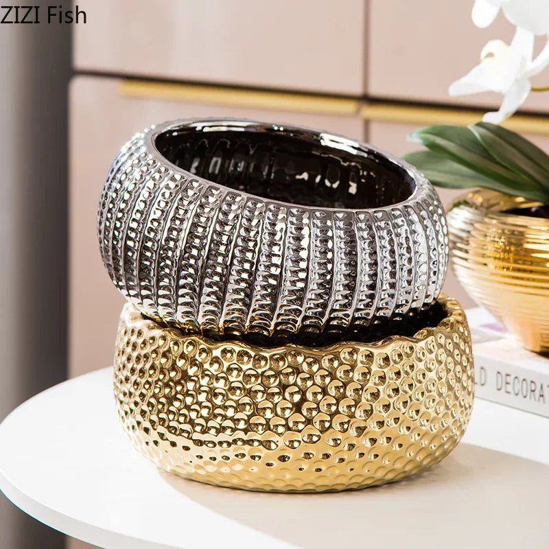 Afralia™ Ceramic Floral Vase Desk Decoration Golden/Silver Plated Artificial Flower Pot