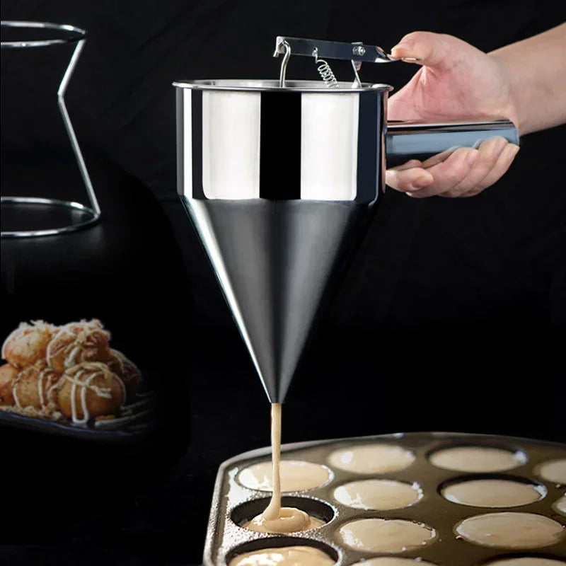 Afralia™ Stainless Steel Takoyaki Maker Dispenser Funnel with Holder - Baking Tool