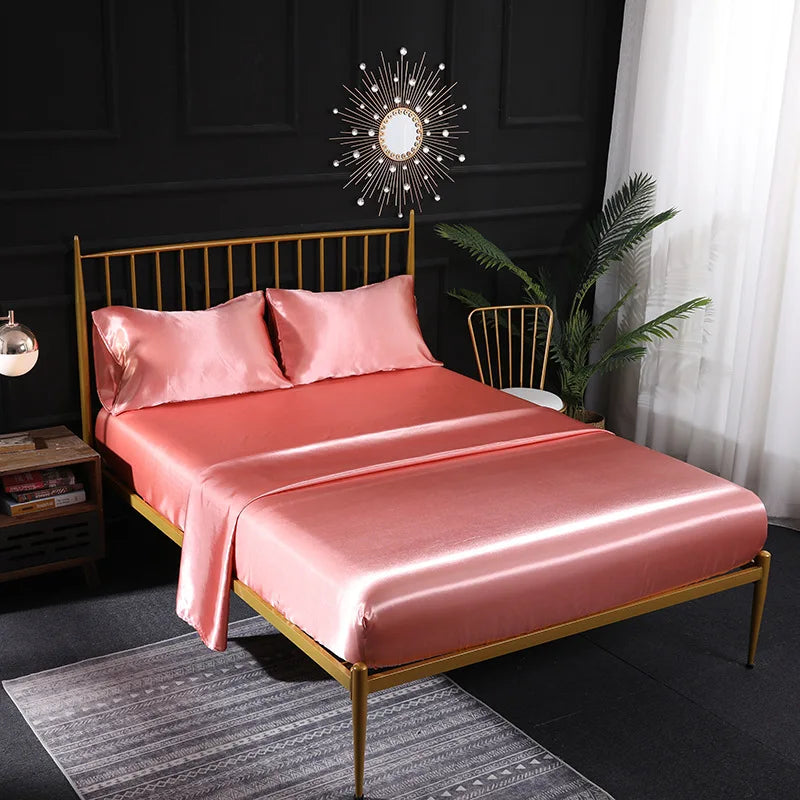 Afralia™ Solid Satin King Fitted Sheet Set Double Queen Size Luxury Bedding Solution