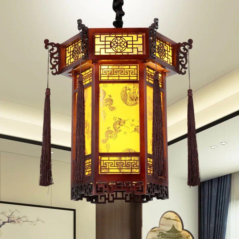 Afralia™ Solid Wood Palace Lantern with Eight Immortals Painting, Bird-and-Flower Art