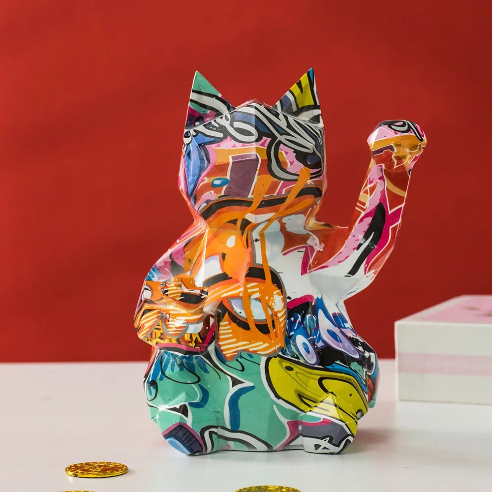 Nordic Geometric Lucky Cat Sculpture by Afralia™ - TV Home Decor Animal Statue
