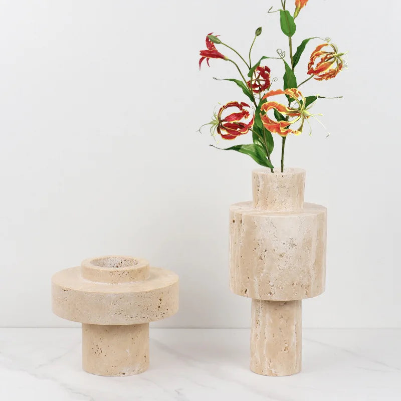 Afralia™ Beige Travertine Stone Vase for Living Room Hotel Dining Table