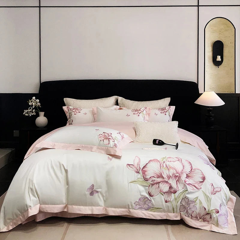 Afralia™ Blooming Flowers Embroidery Bedding Set 600TC Egyptian Cotton Duvet Cover Queen King