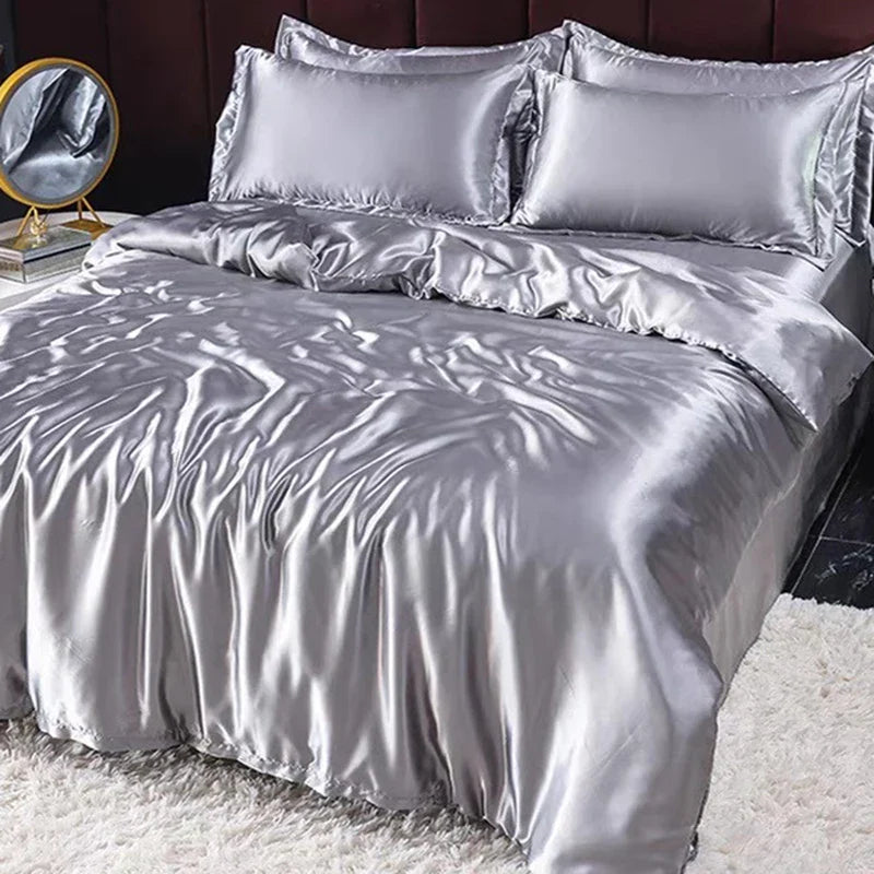 Afralia™ Summer Grey Rayon Silk Bedding Set - Smooth Satin Comforter Kit