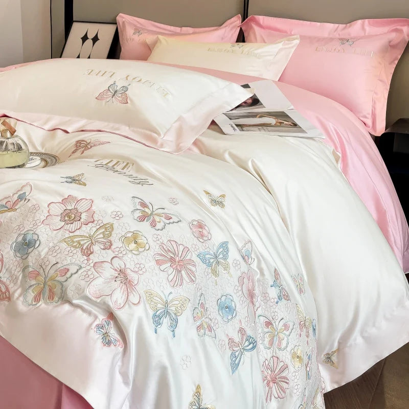 Afralia™ Luxury Butterfly Flowers Embroidery White/Pink Bedding Set