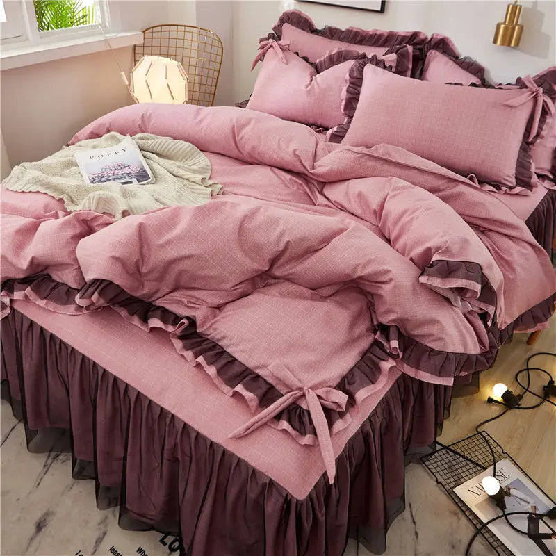 Afralia™ Korean Bed Skirt Set with Ruffled Edges - Solid, Skin-Friendly Bedding Kit