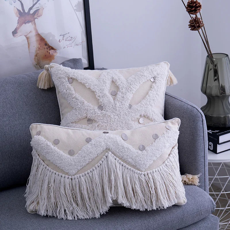 Afralia™ Moroccan Beige Diamond Fringed Cushion Cover 45x45cm for Home Decor