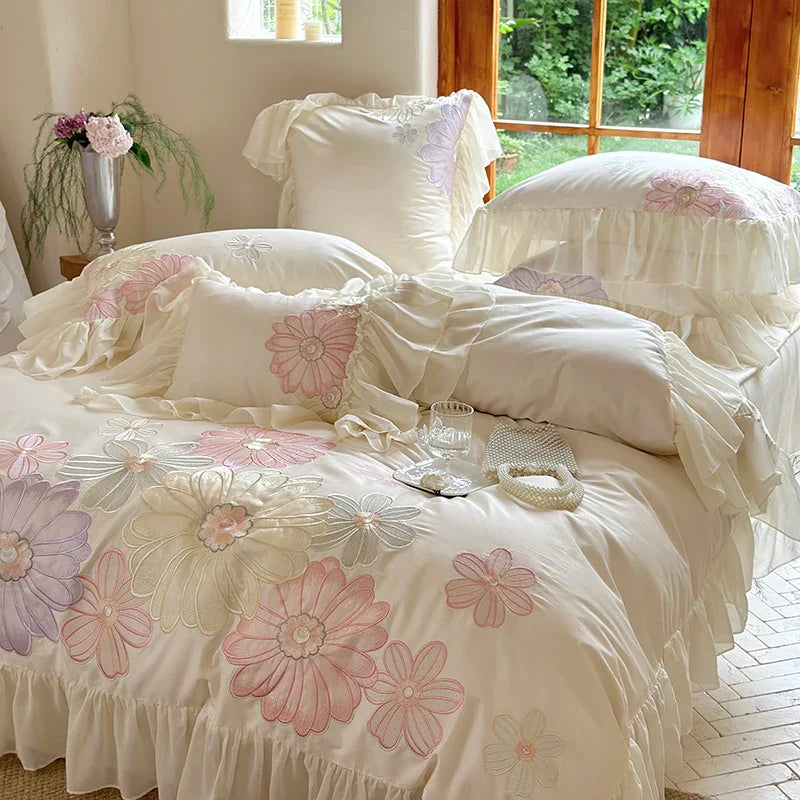 Afralia™ Romantic Flowers Lace Ruffles Princess Bedding Set, 1200TC Egyptian Cotton, Duvet Cover, Bed Sheet, Pillowcases