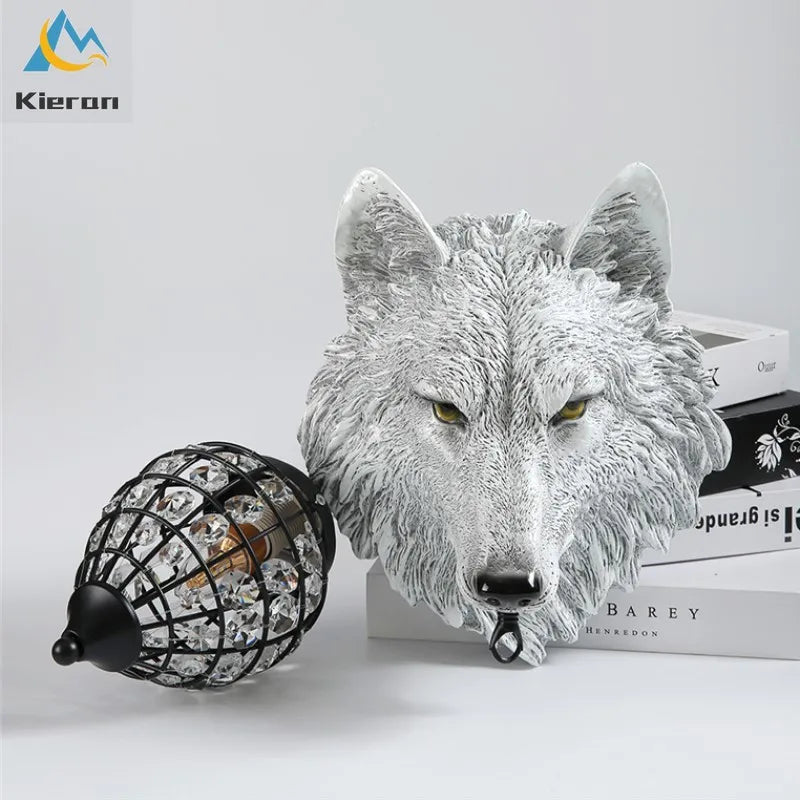 Afralia™ Nordic Wolf Head LED Wall Lamp Resin Crystal Wall Light