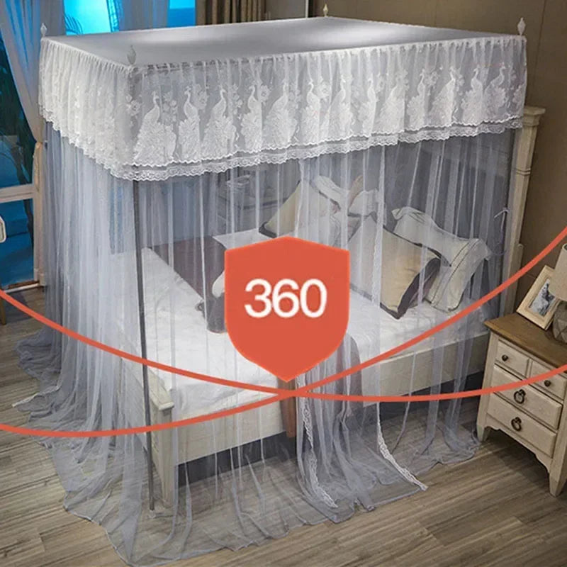 Afralia™ Princess Mosquito Net Canopy for Double Bed Square Lace Palace Embroidery
