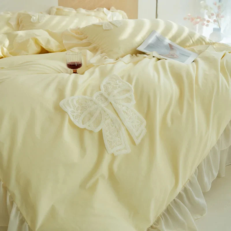 Afralia™ Korean Lace Ruffles Queen Size Duvet Cover with Bow Detail - Romantic French Design