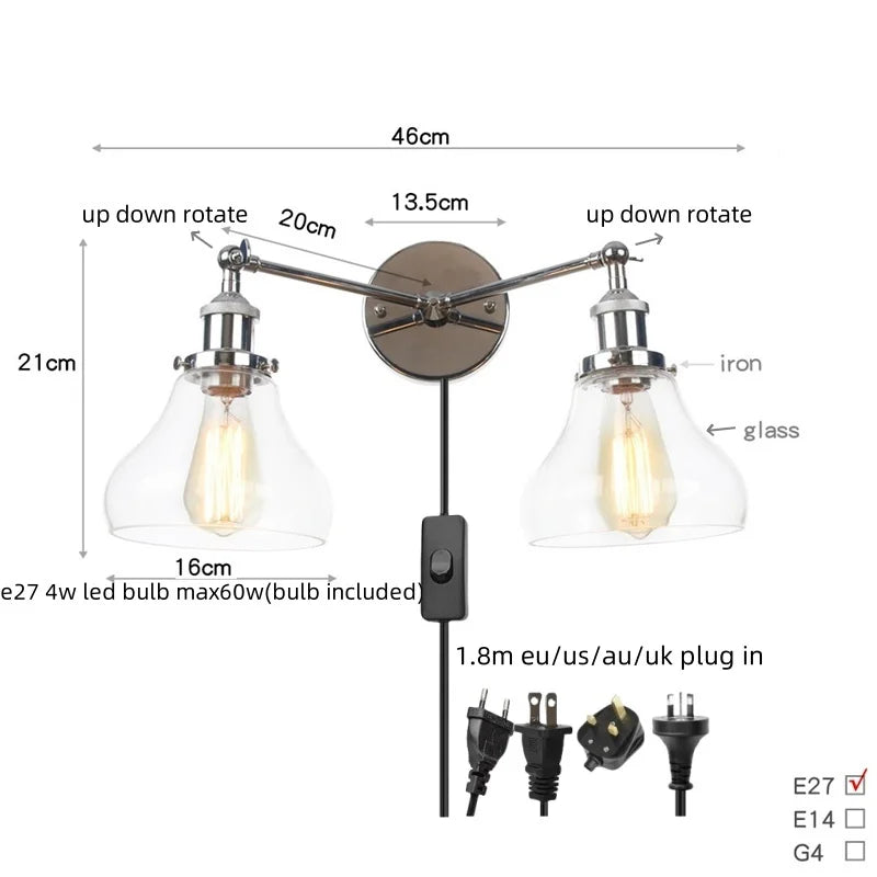 Afralia™ Retro LED Wall Light with Pull Chain Switch, 2 Heads Sconce for Living Room