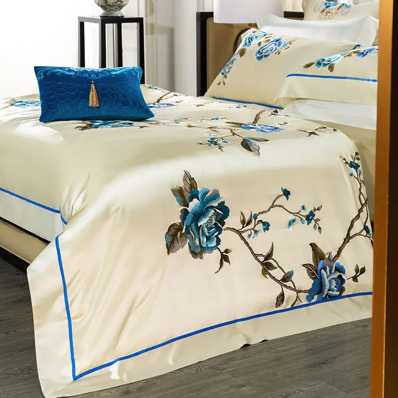 Afralia™ 200S Embroidery Egyptian Cotton Bedding Set Queen King Linens