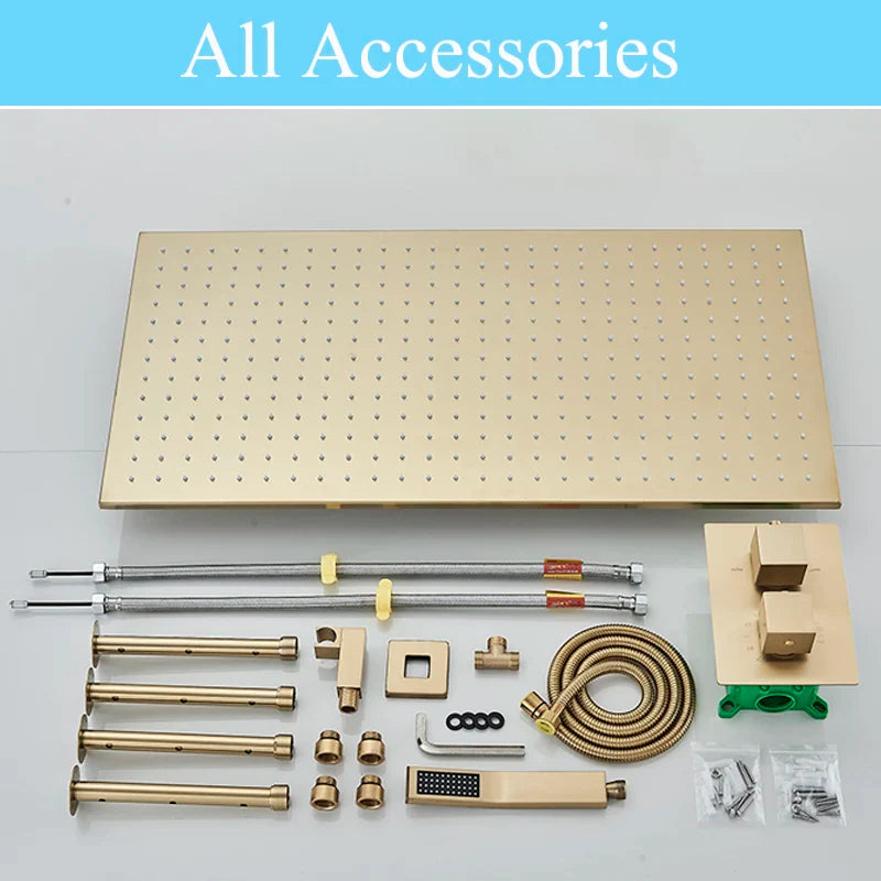 Afralia™ Brushed Gold LED Thermostatic Shower Faucet Set with Ceiling Rainfall Shower Head